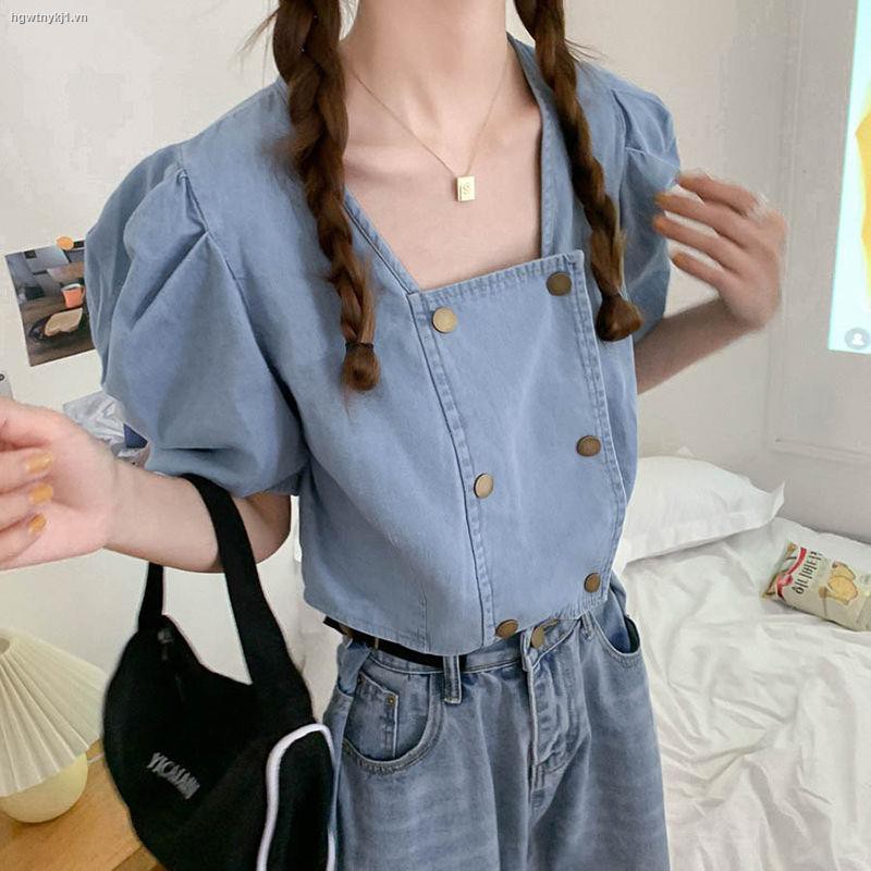 ۩✿Summer 2021 new retro Hong Kong style design sense navel short loose square collar denim short-sleeved shirt top women