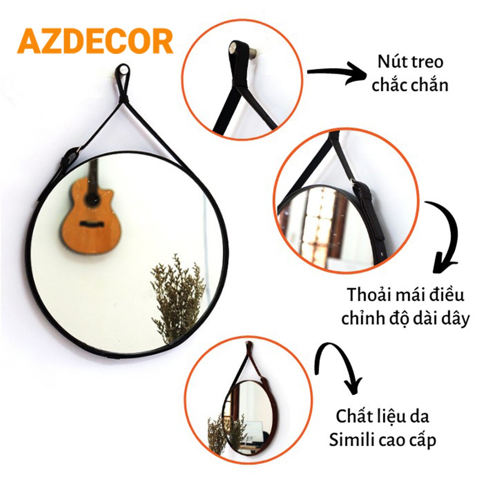 Gương Treo Tường - Gương Tròn Dây Da Simili Cao Cấp - Đường Kính 40cm [ĐÓNG HỘP - FULL PHỤ KIỆN]