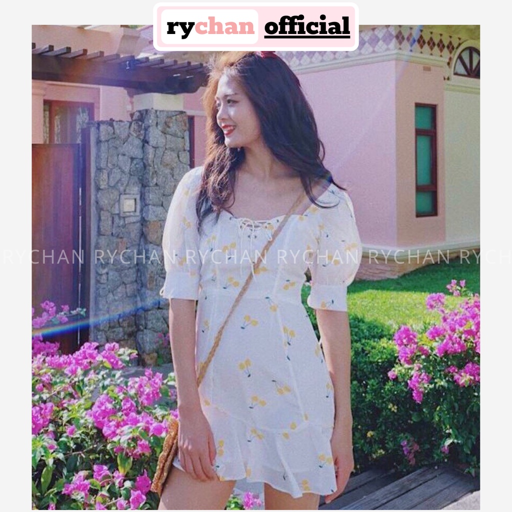 DX886 - Đầm Xòe Đi Biển Cherry Đan Ngực Đầm Cherry Trắng Đuôi Cá Đầm Xòe Tay Phồng Đuôi Cá