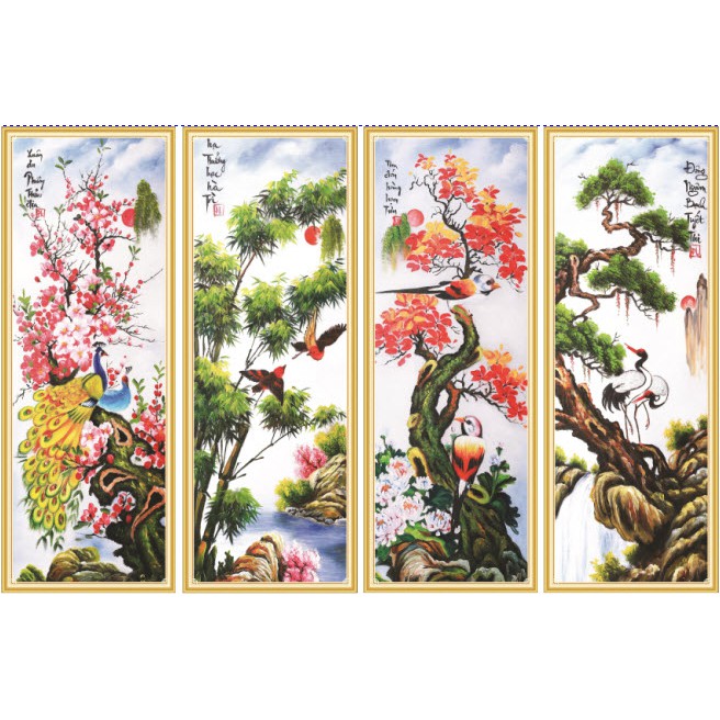 Bộ tranh dán tường 3D Bốn Mùa Xuân Hạ Thu Đông in trên giấy PP kim sa cao cấp