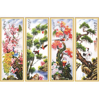 Bộ tranh dán tường 3D Bốn Mùa Xuân Hạ Thu Đông in trên giấy PP kim sa cao cấp