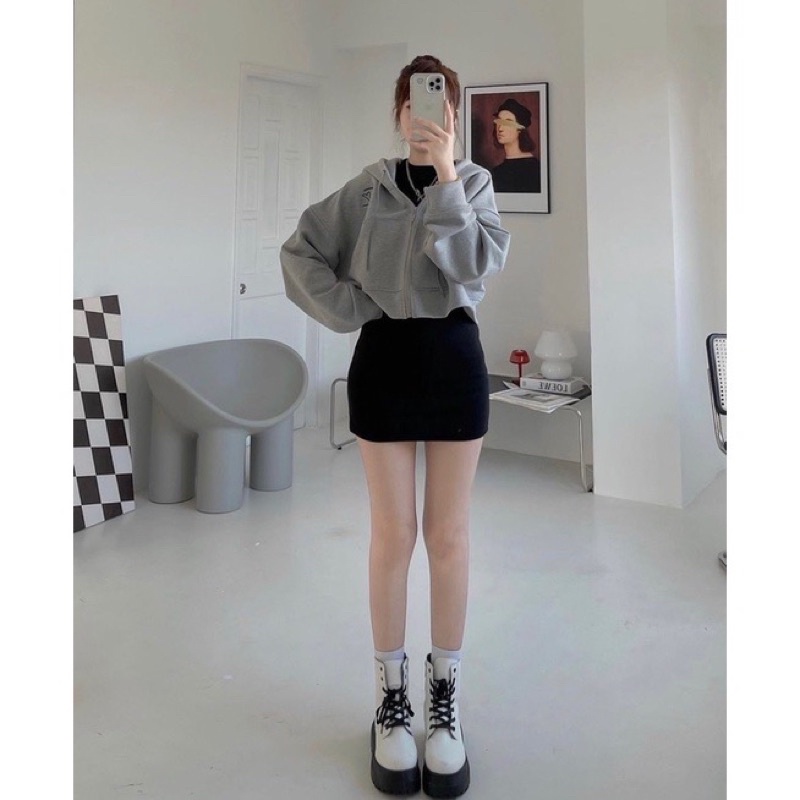 Áo nữ 🌸 Áo khoác croptop kéo khoá zip hoodie mũ dày 2 lớp chât nỉ ngoại màu xám in hình YOUSY phong cách Hàn Quốc Mylady