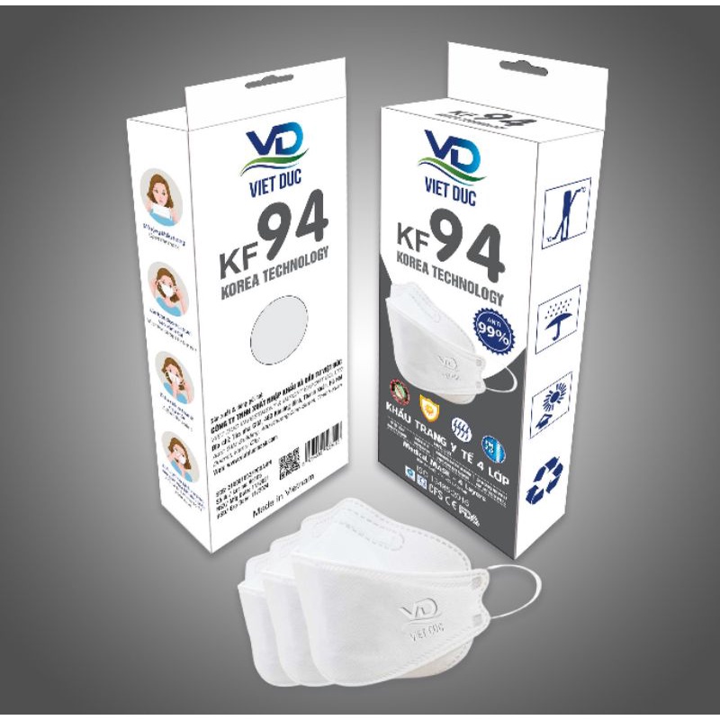Khẩu Trang KF94 Việt Đức (1 hộp) kháng khuẩn chống bụi mịn. sản xuất tại Việt Nam.