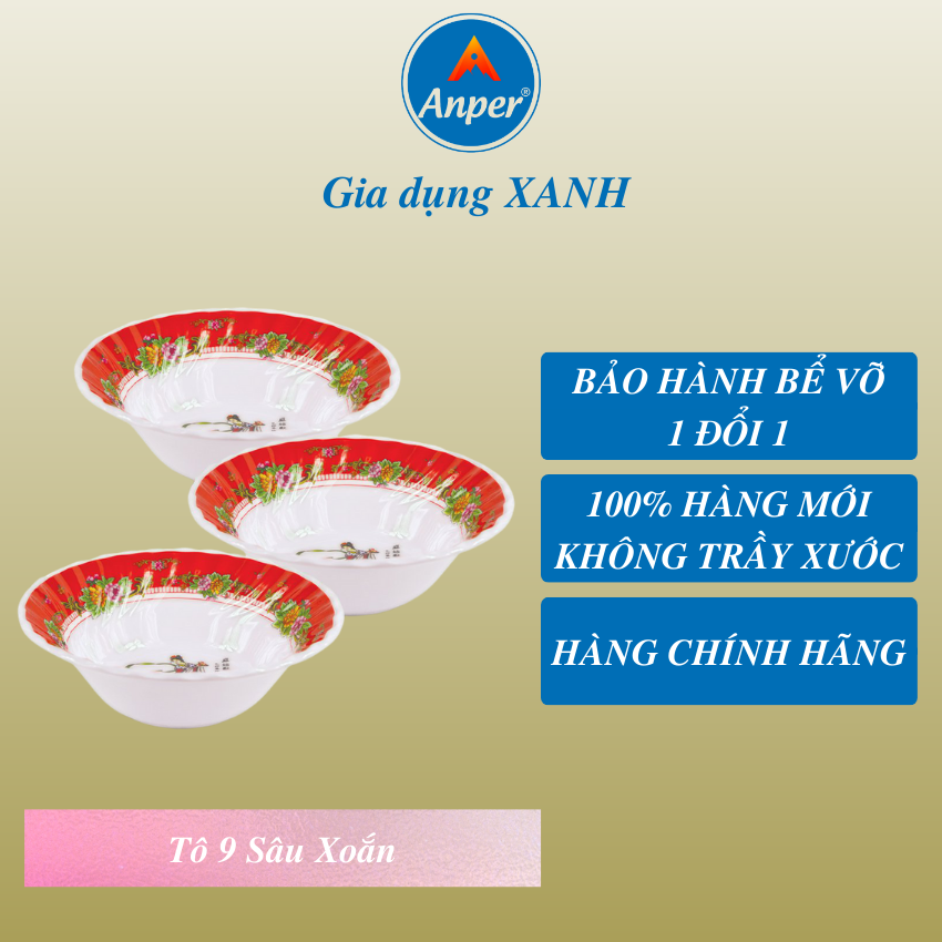 Bộ 3 Bát Tô Sâu Xoắn Size 8 (20.4cm) Anper Nhựa Kiểu Nhật Hàn Cứng Cao Cấp An Toàn Sang Trọng, Dùng Gia Đình Và Nhà Hàng