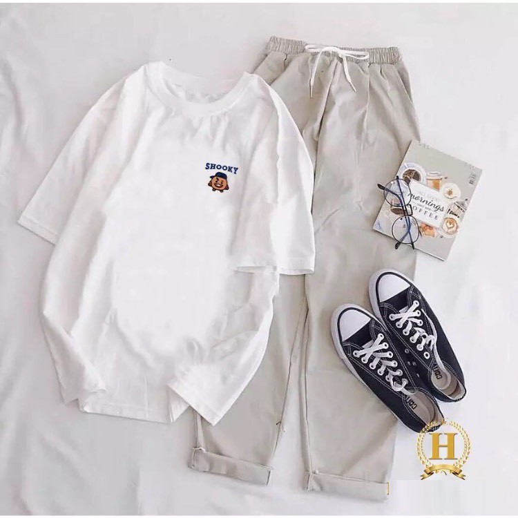 Bộ Đồ Nữ Mặc Đi Chơi Phối Sét Dự Tiệc, Mặc Ở Nhà Mùa Hè, Áo Phông Logo Shooky Cotton Kèm Quần Kaki Phong Cách Hàn Quốc
