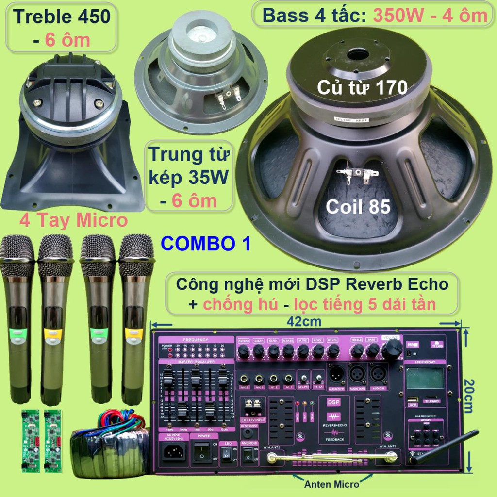 Mạch loa kéo 4 tấc đơn công suất 400W đỉnh cao DSP Reverb Echo có chống hú Equalizer 5 Band loa Bass xịn và kèm Mic xám