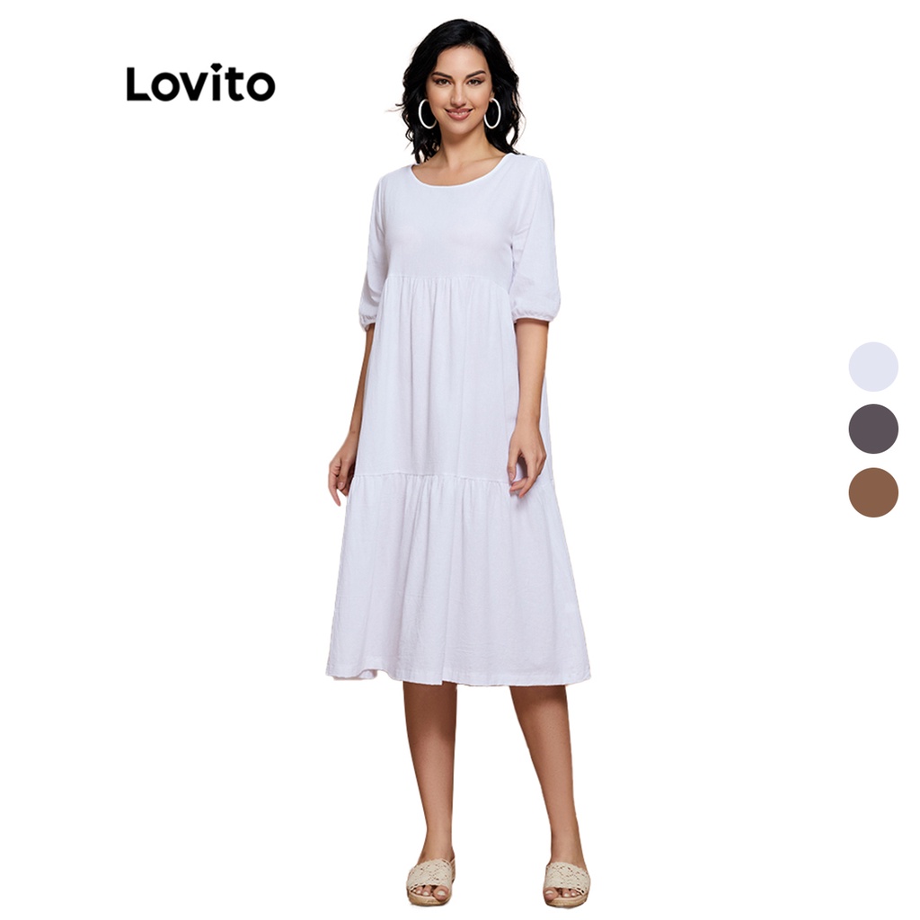 Đầm maxi Lovito chất linen dáng suông rộng cổ tròn xếp nếp tay phồng màu trơn đơn giản L14X001 (màu trắng)