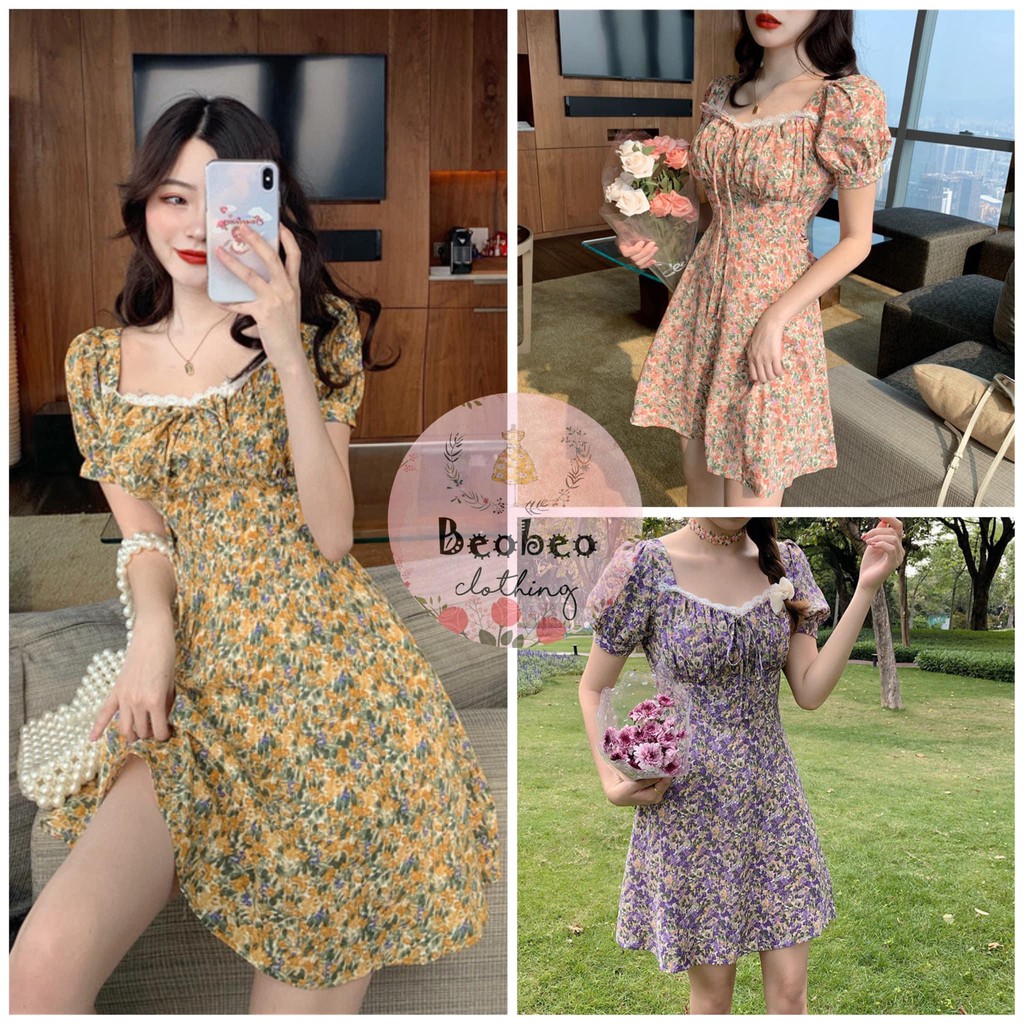 Đầm hoa cổ u tay phồng viền ren thắt nơ vintage