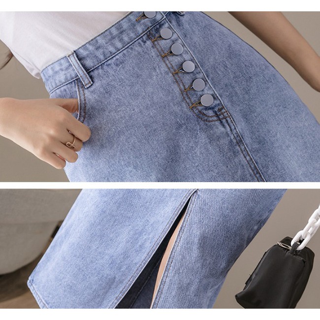 [TRỢ SHIP & CHẤT LƯỢNG] Chân váy jean dài nút lệch xẻ tà C125 dáng dài, vải jeans không co dãn, sành điệu | BigBuy360 - bigbuy360.vn