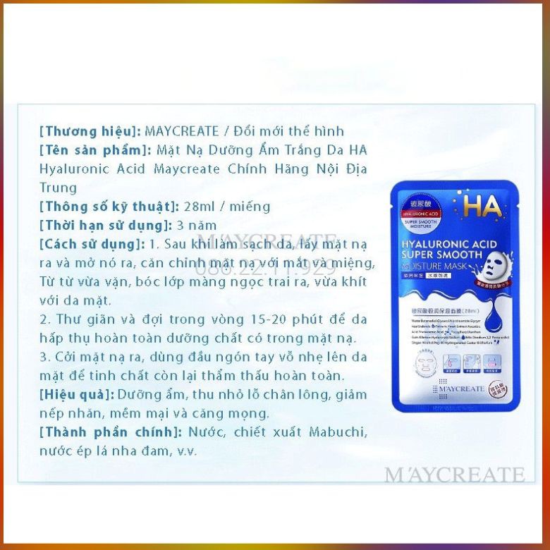 Mặt Nạ Dưỡng Ẩm, Làm Trắng Da HA Hyaluronic Acid Maycreate 28ml/gói