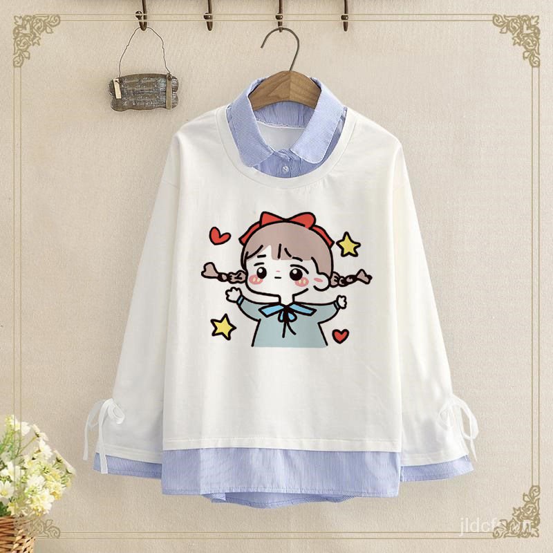 Áo thun tay dài giả hai mảnh thời trang mùa thu cho nữ 12-15 tuổi