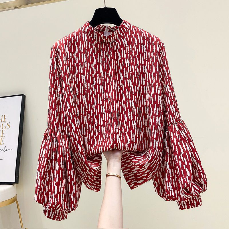 Áo Sơ Mi chiffon Tay Phồng Cổ Đứng Dáng Rộng In Họa Tiết Hoa Phong Cách Hàn Quốc Thời Trang Xuân Thu Cho Nữ