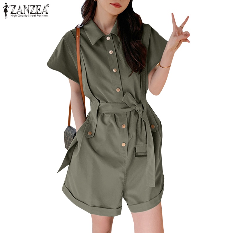 Áo liền quần ZANZEA ngắn tay màu trơn kèm thắt lưng thời trang phong cách nữ tính