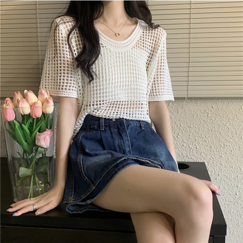 DUNEA Áo Thun Dệt Kim Ngắn Tay Dáng Rộng Kiểu Retro Hàn Quốc 4 Màu Lựa Chọn