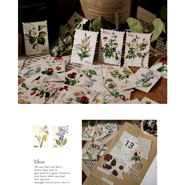 Hộp 46 sticker hoa vintage, tem thư, nhãn dán trang trí