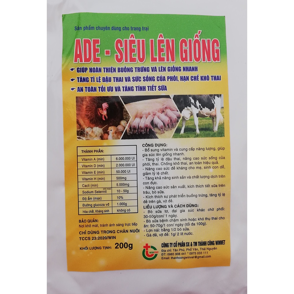 1 gói ADE - SIÊU LÊN GIỐNG 200g Dùng khi vật nuôi chậm đòi đực, chậm hớn, chậm lên giống