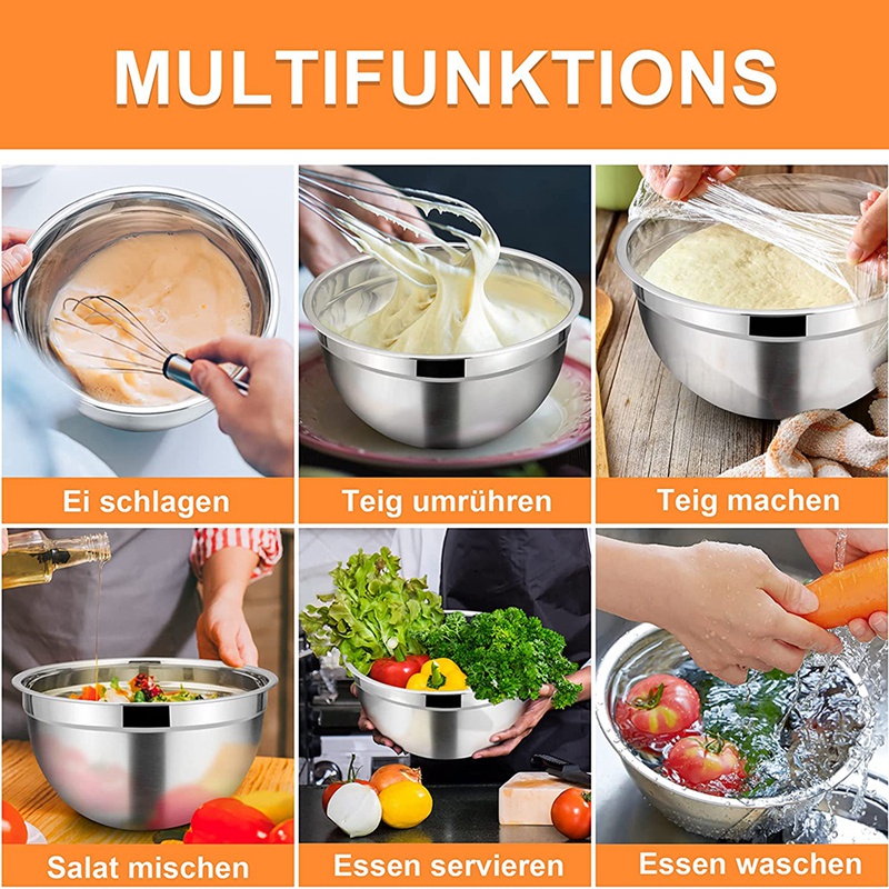 Bộ 5 Tô Trộn Salad Bằng Thép Không Gỉ Có Nắp Đậy Kín Khí Và Đế Chống Trượt Dùng Trong Nhà Bếp