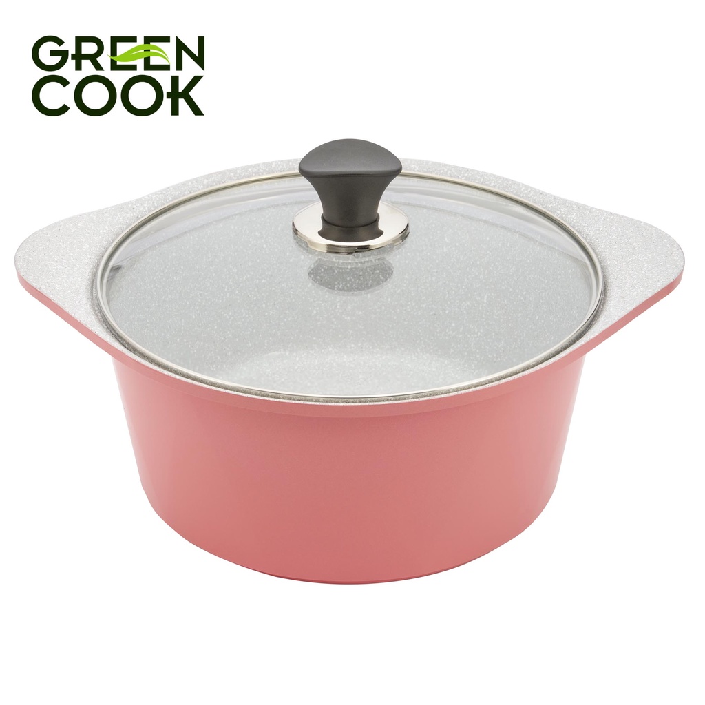 Bộ 3 nồi đúc ceramic vân đá chống dính đáy từ 18 cm, 20 cm và 24 cm Green Cook GCS02 màu hồng công nghệ Hàn Quốc