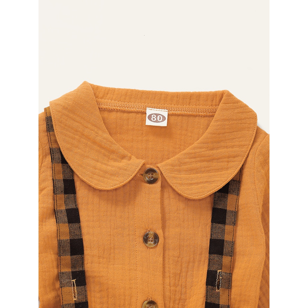 Set 2 món MIKRDOO gồm áo sơ mi dài tay cổ peter pan và chân váy yếm cotton sọc caro cho bé gái sơ sinh