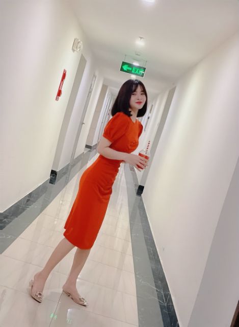DEAL SỐC Váy đầm ôm body dáng dài size s m đẹp giá rẻ đẹp xinh hotgirl teen màu cam trắng nhún cách điệu