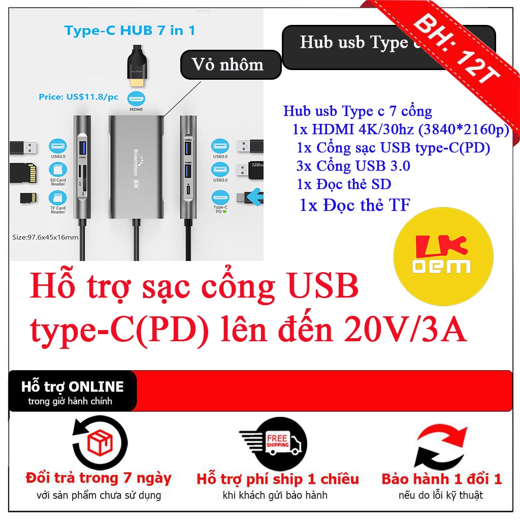 Hub type c,Hub usb type c hdmi cho macbook đa năng 7 in 1 chính hãng Blueendbless