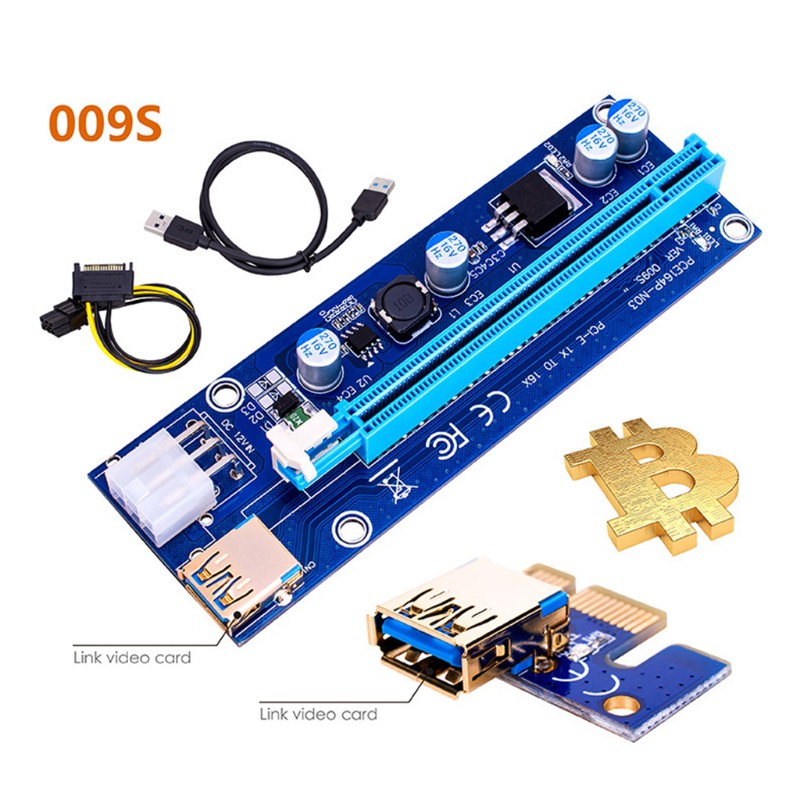 Card Mở Rộng Pci-E Pcie Riser 009 Express 1x 4x 8x 16x 009s Gpu Dual 6pin Sata 15pin Cho Btc Mi