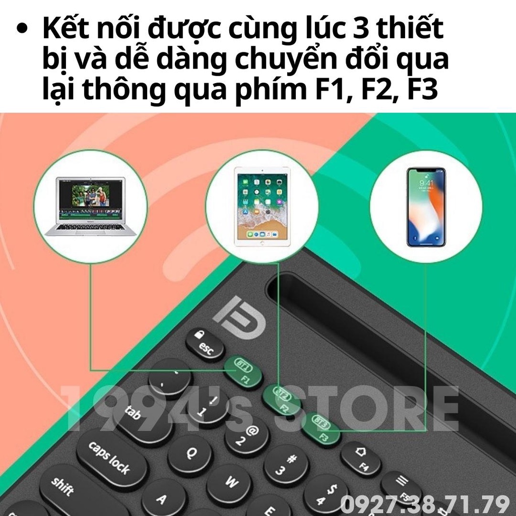 Bàn Phím Bluetooth Không Dây Forter IK3381 - Có khe để Điện thoại, Máy tính bảng, Ipad - Kết nối cùng lúc 3 thiết bị