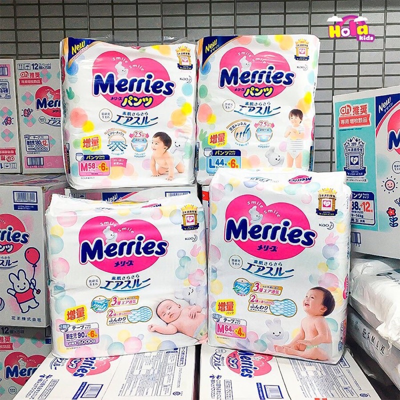 Bỉm dán, tã quần Merries cho bé sơ sinh từ 0M+ đủ size NB96/S88/M68/L58/XL44 HolaKids