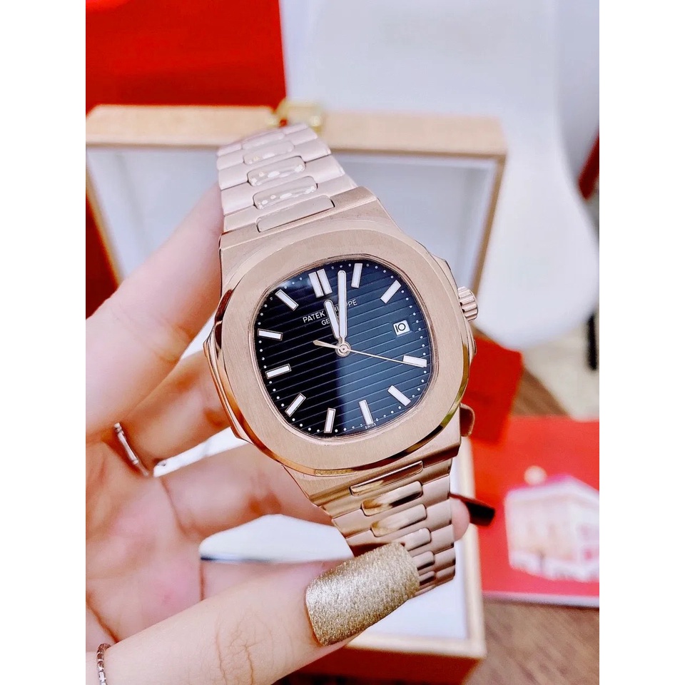 Đồng hồ Nam Ptk vuông 3kim 1 lịch máy nhật chạy cơ Automatic size 40mm vỏ vàng hồng nhiều màu dây kim loại