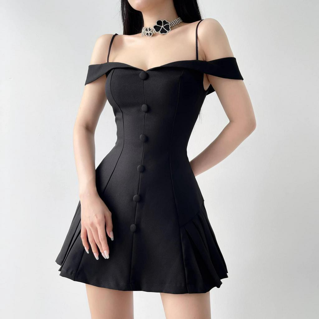 (Có BigSize) Đầm Váy 2 Dây Cúp Ngực Kết Nút Bọc Trễ Vai Xếp Li Hông Siêu Xinh