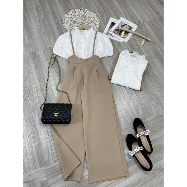 Set yếm kèm áo sơi mi tay bồng siêu xinh