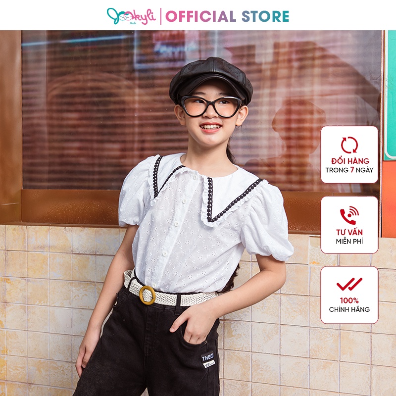 Áo sơ mi JOOKYLI bé gái cổ V phối viền 16G1021
