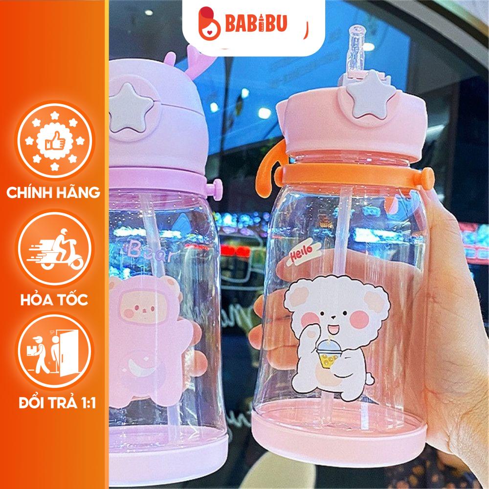 Bình Nước Thể Thao, Cao Cấp,Có Ống Hút 600ml,Họa Tiết Gạc Nai Hươu Dễ Thương Nhiều Màu Sắc Cho Bé Babibu