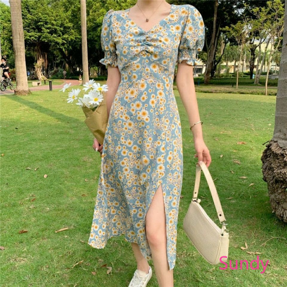 Đầm Tay Phồng In Họa Tiết Hoa Cúc Dễ Thương Dành Cho Bạn Gái