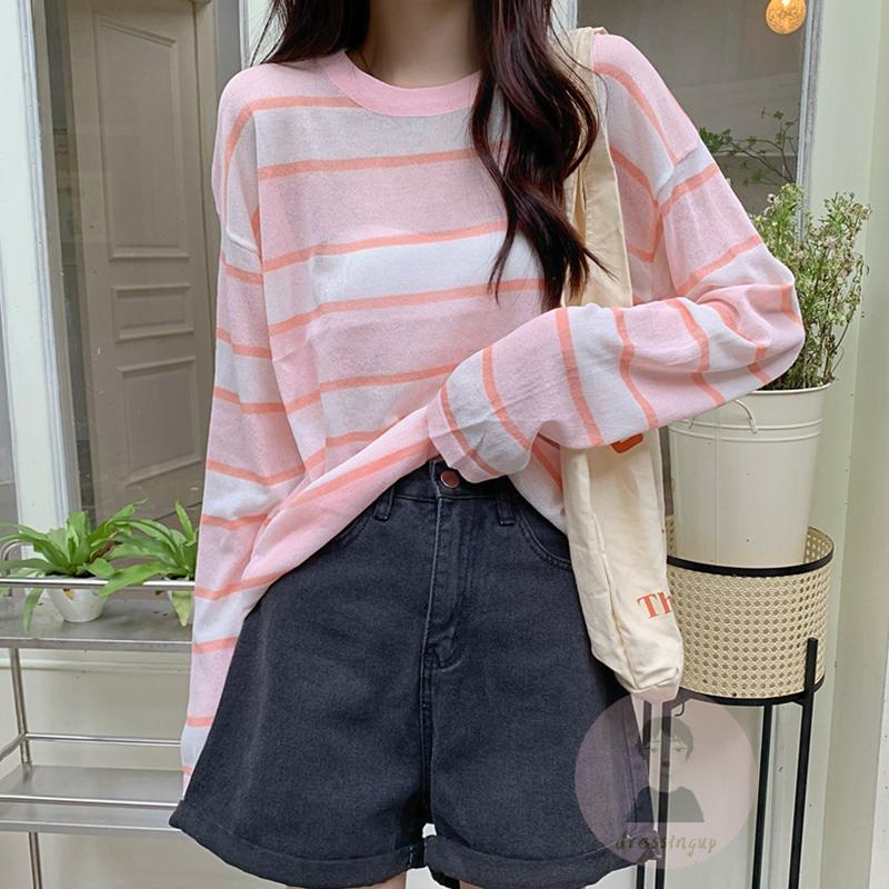 Áo Thun Nữ Dài Tay Cổ Tròn Sọc Ngang Thời Trang