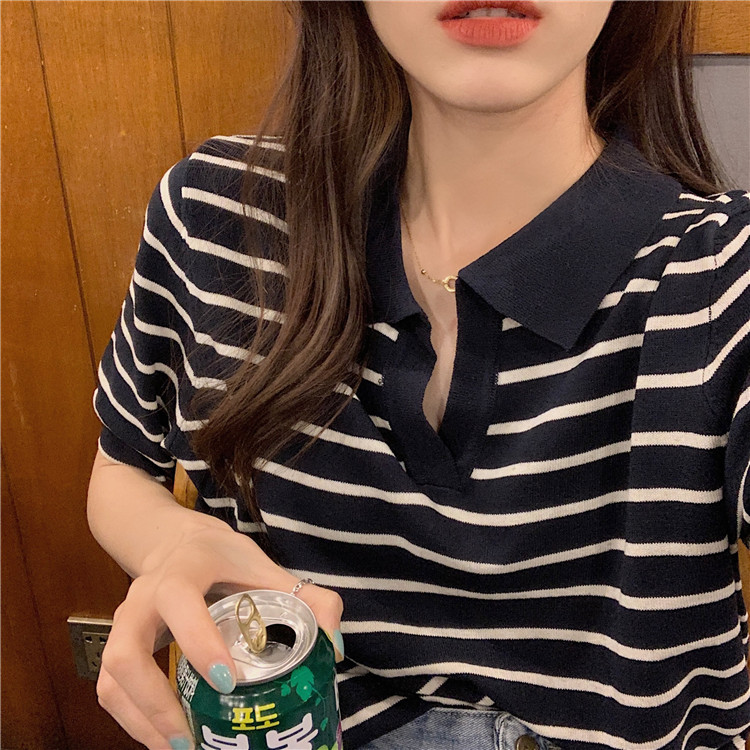 SUXI Áo tay ngắn họa tiết kẻ sọc phong cách Hàn Quốc trẻ trung cho nữ