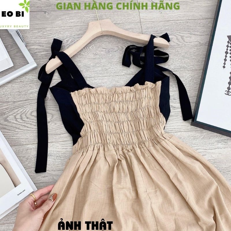 Đầm Maxi 2 Dây Ngực Trái Tim Lưng Chun - Váy Nữ Dáng Dài Vải Đũi Phối Màu đi biển đi chơi bồng bềnh - EOBISHOP