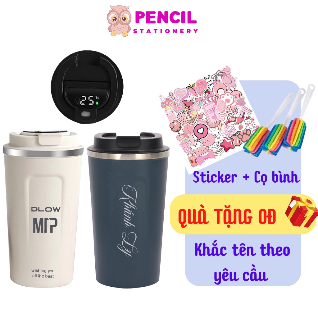 Bình Giữ Nhiệt 12h Hiển Thị Nhiệt Độ Màn Hình Led Cảm Ứng, Cốc Giữ Nhiệt 510ml Inox 304 Khắc Tên Tặng Kèm Sticker Và Cọ