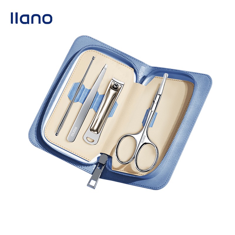 Set 4 dụng cụ trang điểm lông mày/ cắt tỉa móng tay llano tiện lợi kèm hộp đựng bằng da ốp