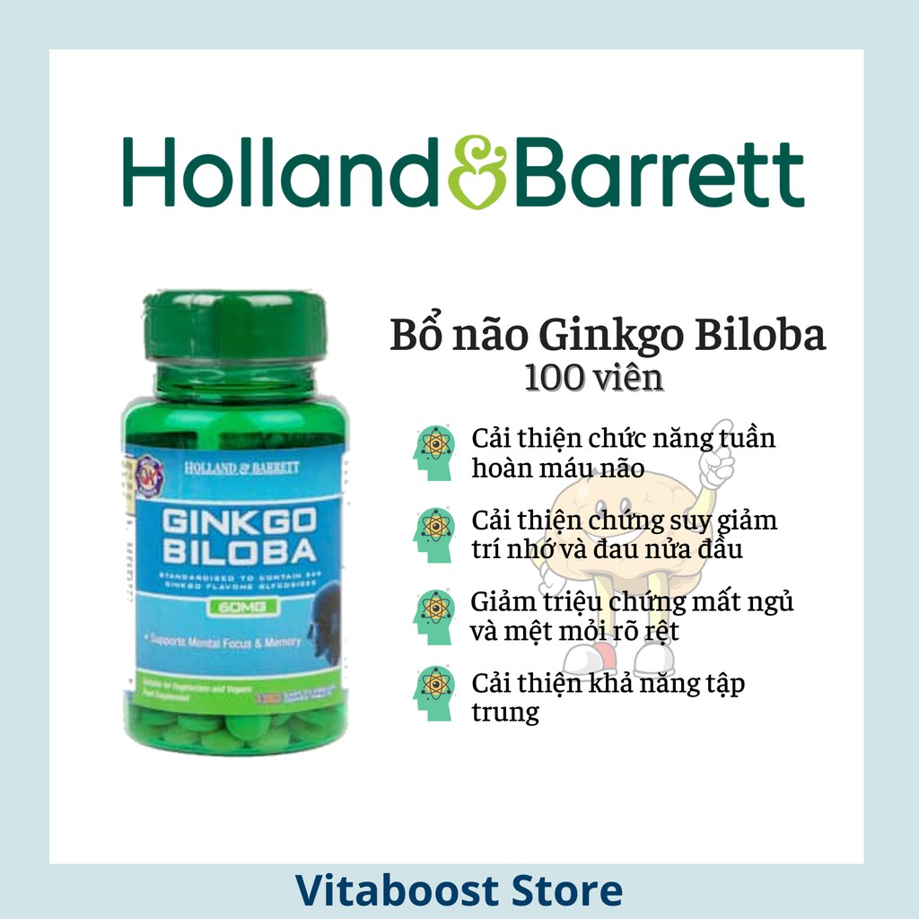 Viên uống bổ não Ginkgo Biloba 60mg 120 viên chính hãng Holland Barret Anh