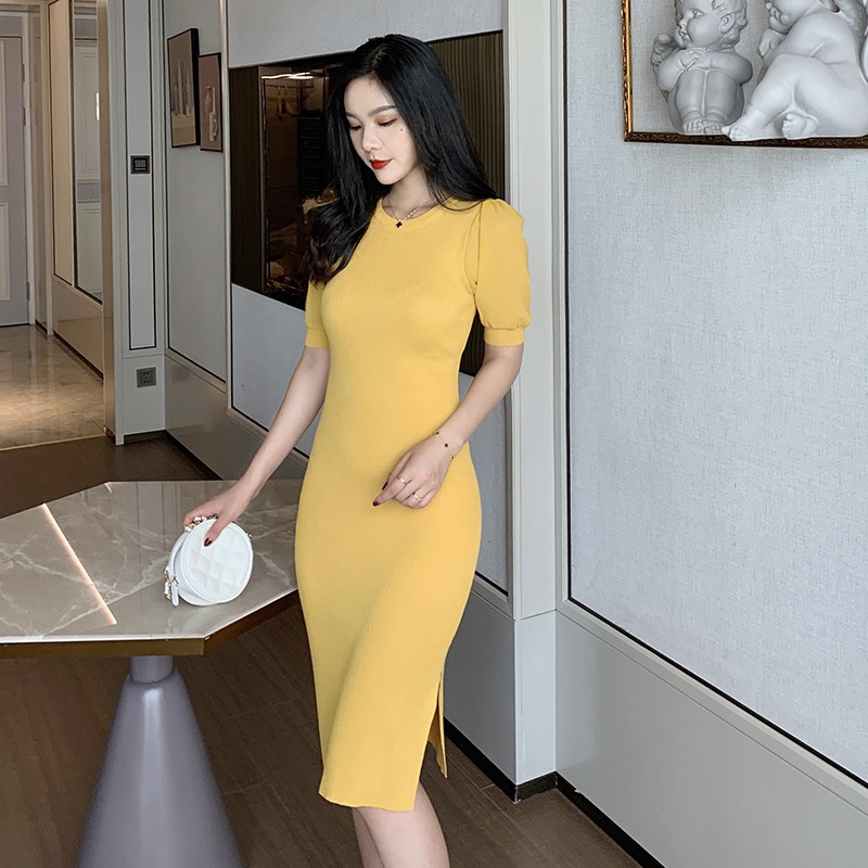 2021 Fashion Spring And Summer Short-Sleeved Ice Silk Knit Dress Long Side Open Fork Temperament Slim Bag Hip Skirt