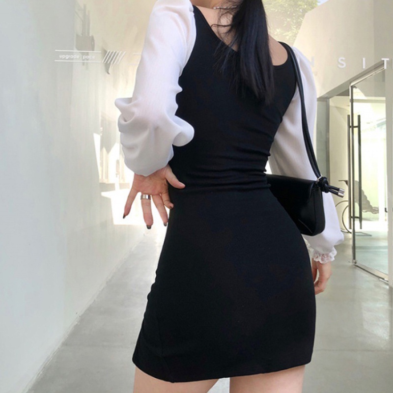 Đầm cổ vuông tay phồng màu trắng đen phong cách Pháp thời trang thu đông cho nữ 2