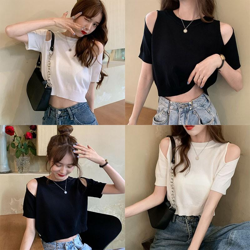 Áo thun tay ngắn màu trơn dáng rộng thiết kế hở vai quyến rũ trẻ trung dành cho bạn gái