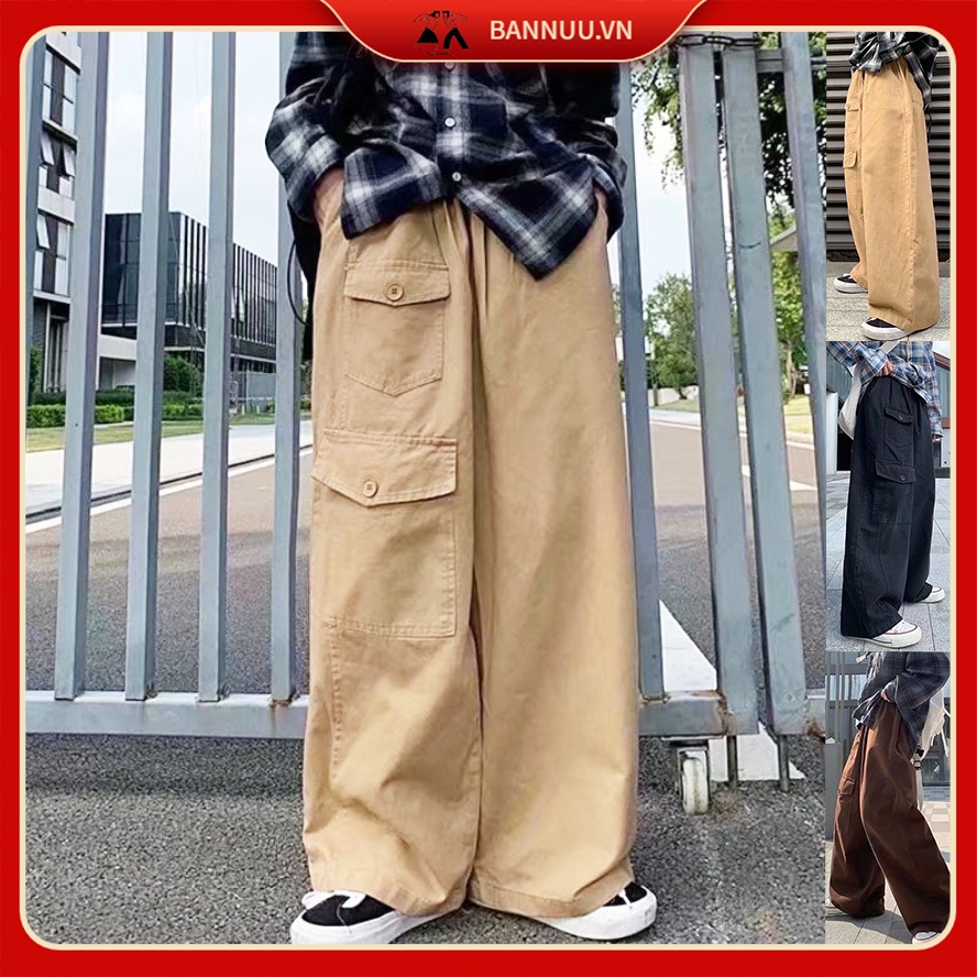 Quần ống rộng Màu Trơn quần ống suông Đơn Giản Cargo Thời Trang quần nam from rộng quần jogger ống rộng bông quần dài
