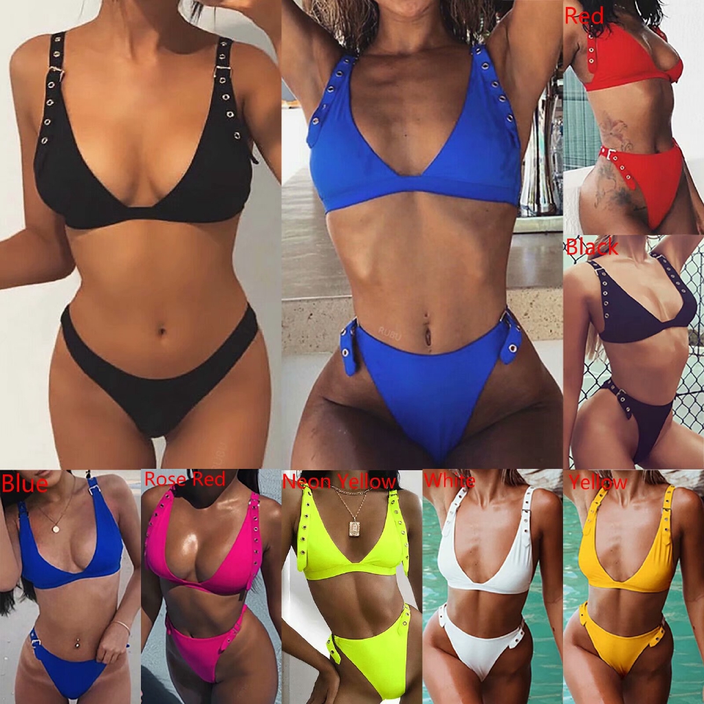 Bộ bikini 2 mảnh màu trơn phối lỗ quyến rũ cho nữ