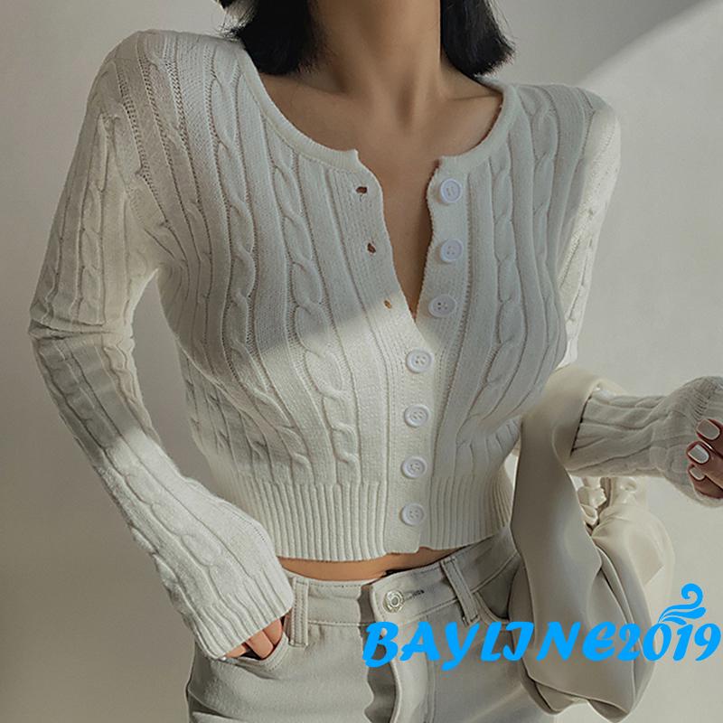 Áo khoác cardigan dệt kim thân ngắn tay dài họa tiết xoắn màu trơn cho nữ