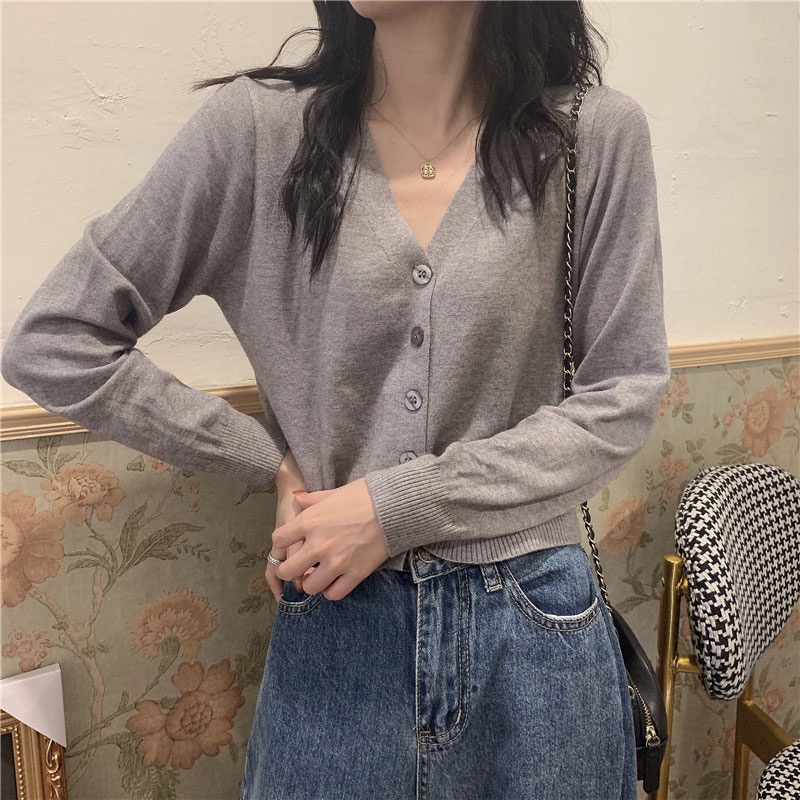 Áo khoác cardigan YEYA dài tay cổ chữ v màu sắc đơn giản phong cách hàn quốc
