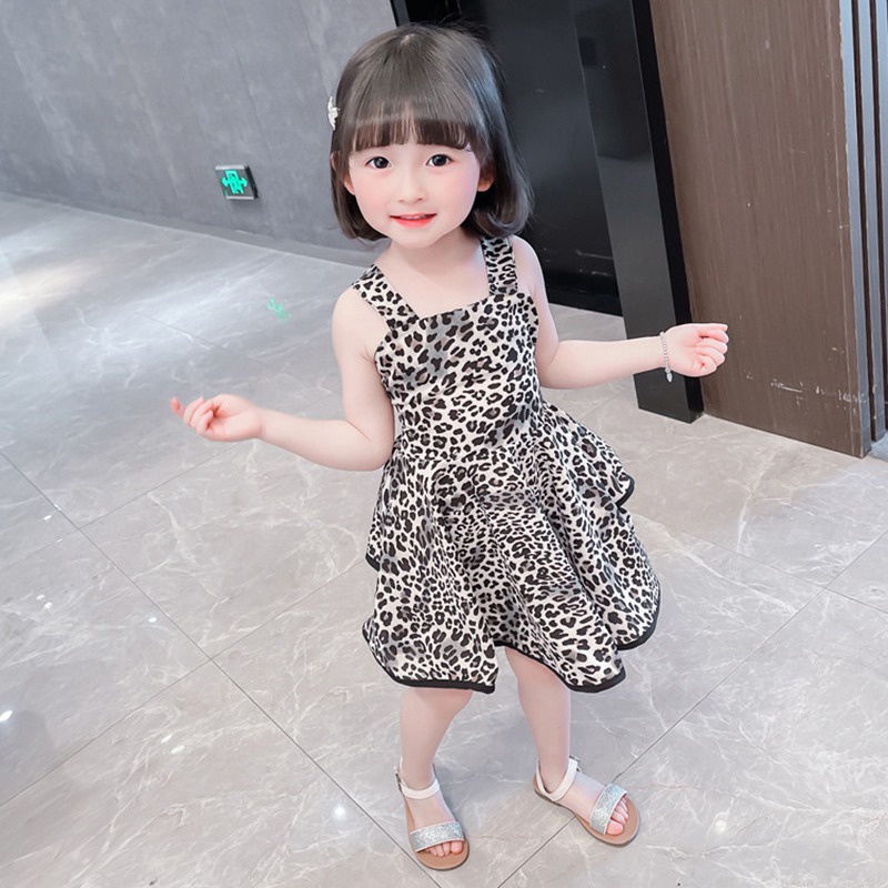 Se7en Đầm Tutu Hai Dây Xếp Ly In Họa Tiết Da Báo Kiểu Hàn Quốc Mùa Hè Cho Bé Gái