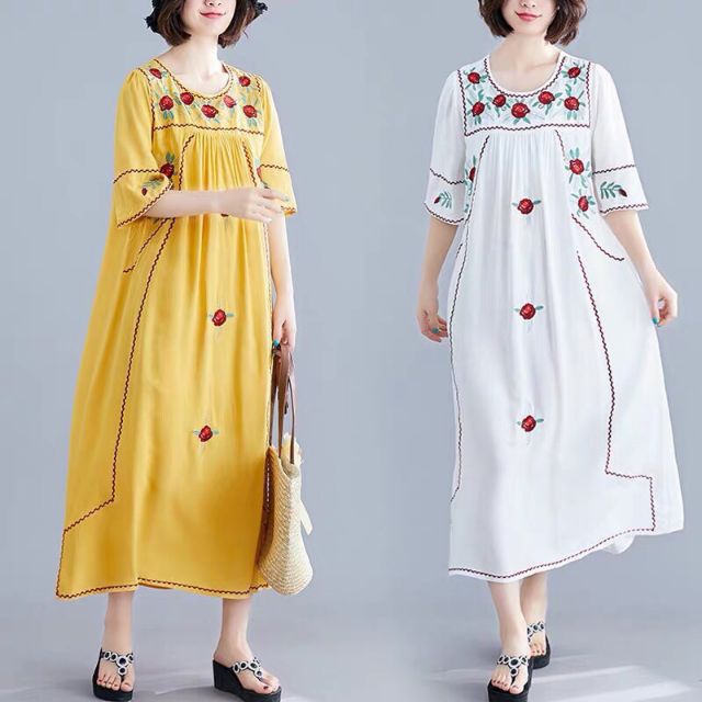 XIÊU MẪU THỜI TRANG Đầm suông thêu hoa tay loa viền thổ cẩm kiểu boheme vintage lên ngôi siêu hit hot : RẺ VÔ ĐỊCH