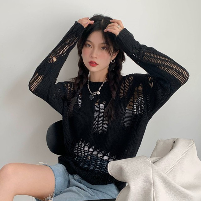 Áo len lưới đan móc rách hở mặc ngoài style cá tính retro Hàn Quốc
